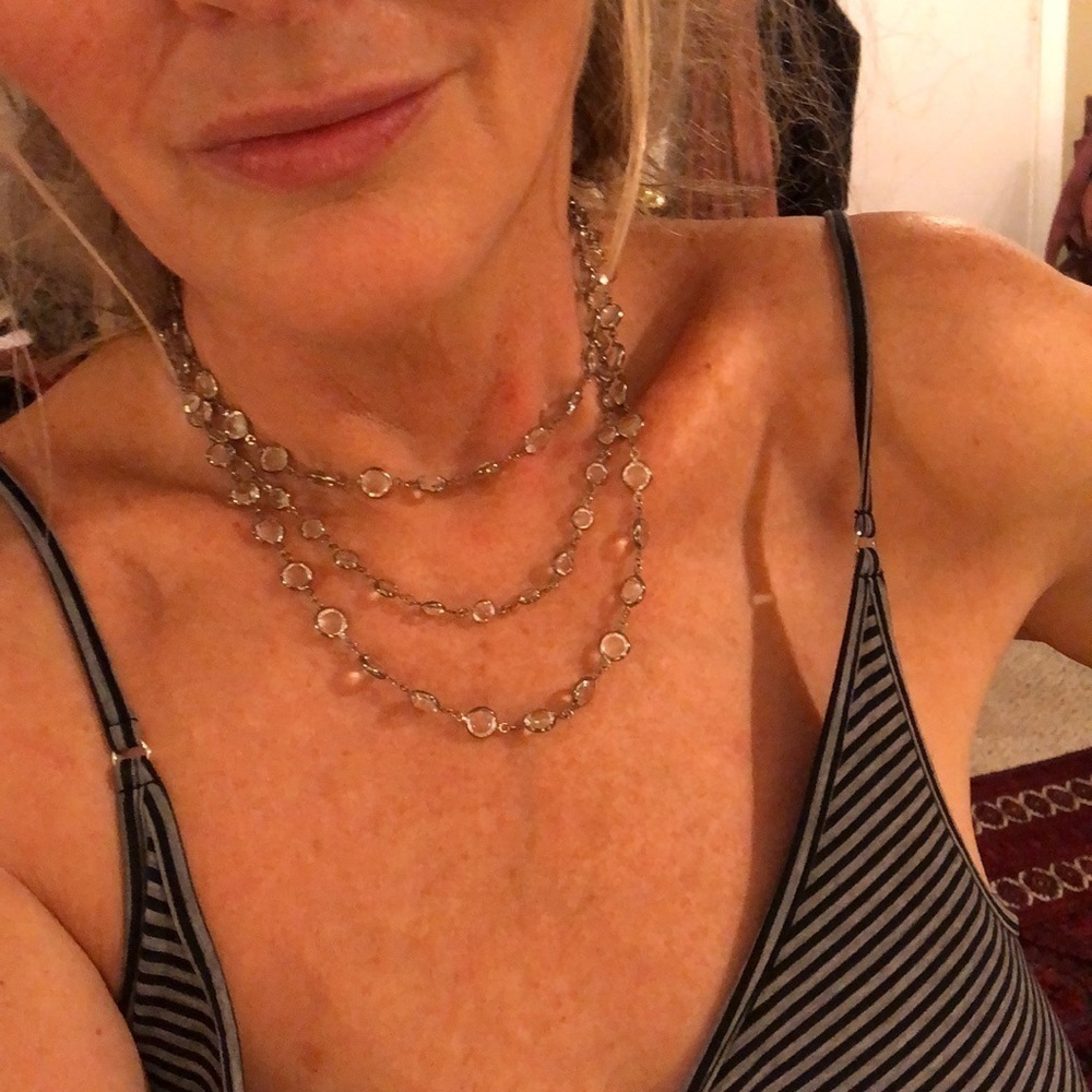 2 beveled crystal necklaces with silver, from Macys. They are gorgeous. Wore 1x